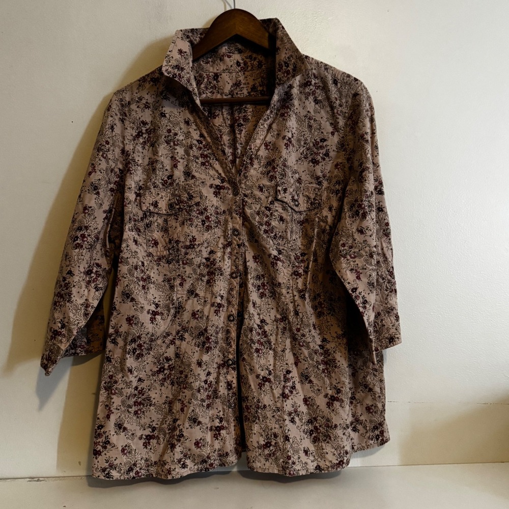 Sonoma Womens 1X Floral Paisley Button Shirt 3/4 Sleeve 100% Cotton Cottagecore